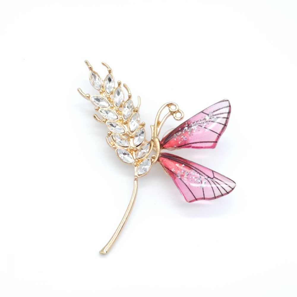 Брошка колосок з метеликом 60х45мм рожевий