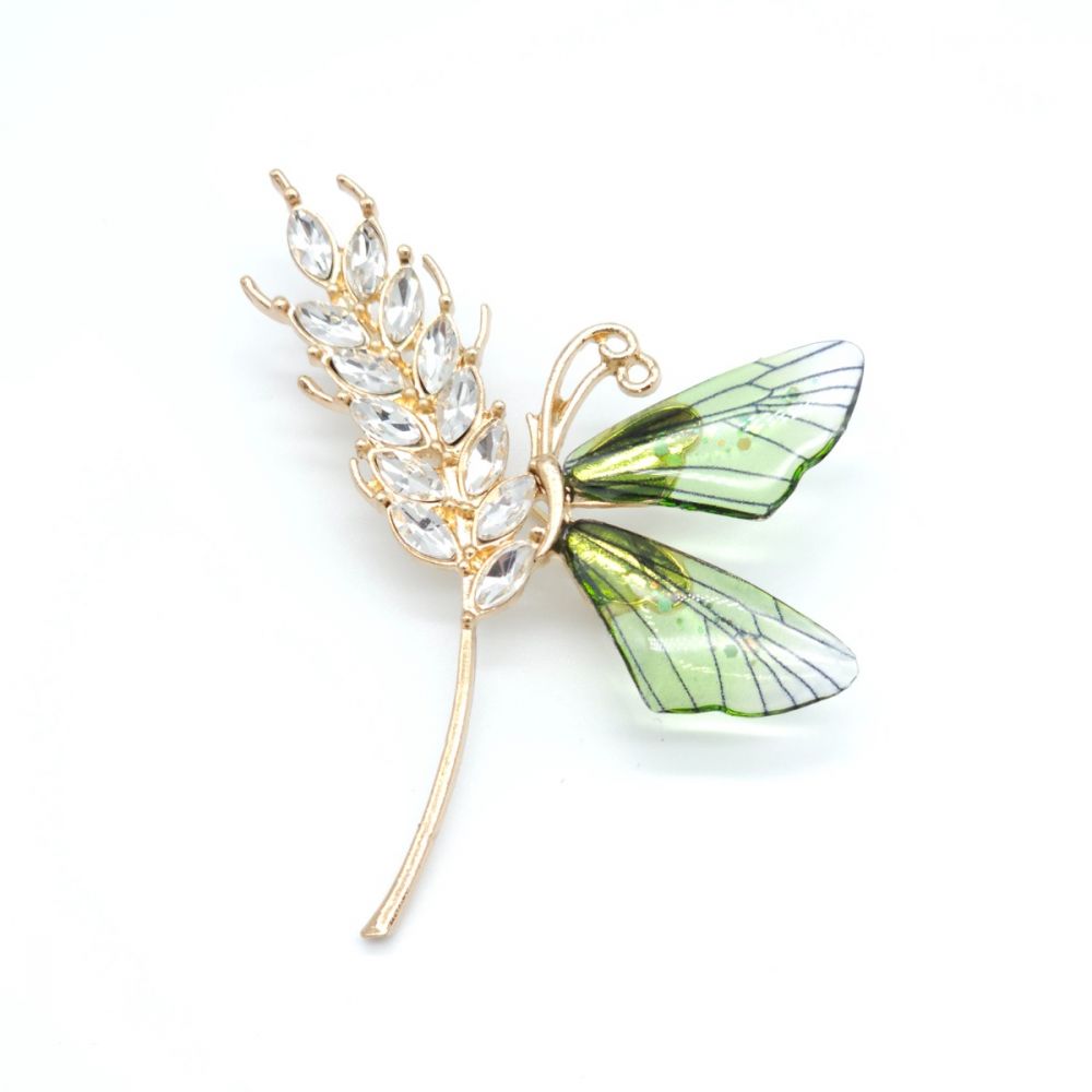 Брошка колосок з метеликом 60х45мм зелений