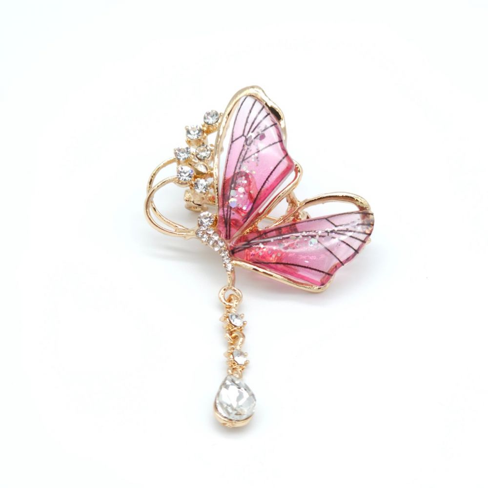 Брошка метелик з камінцем 60х45мм рожевий