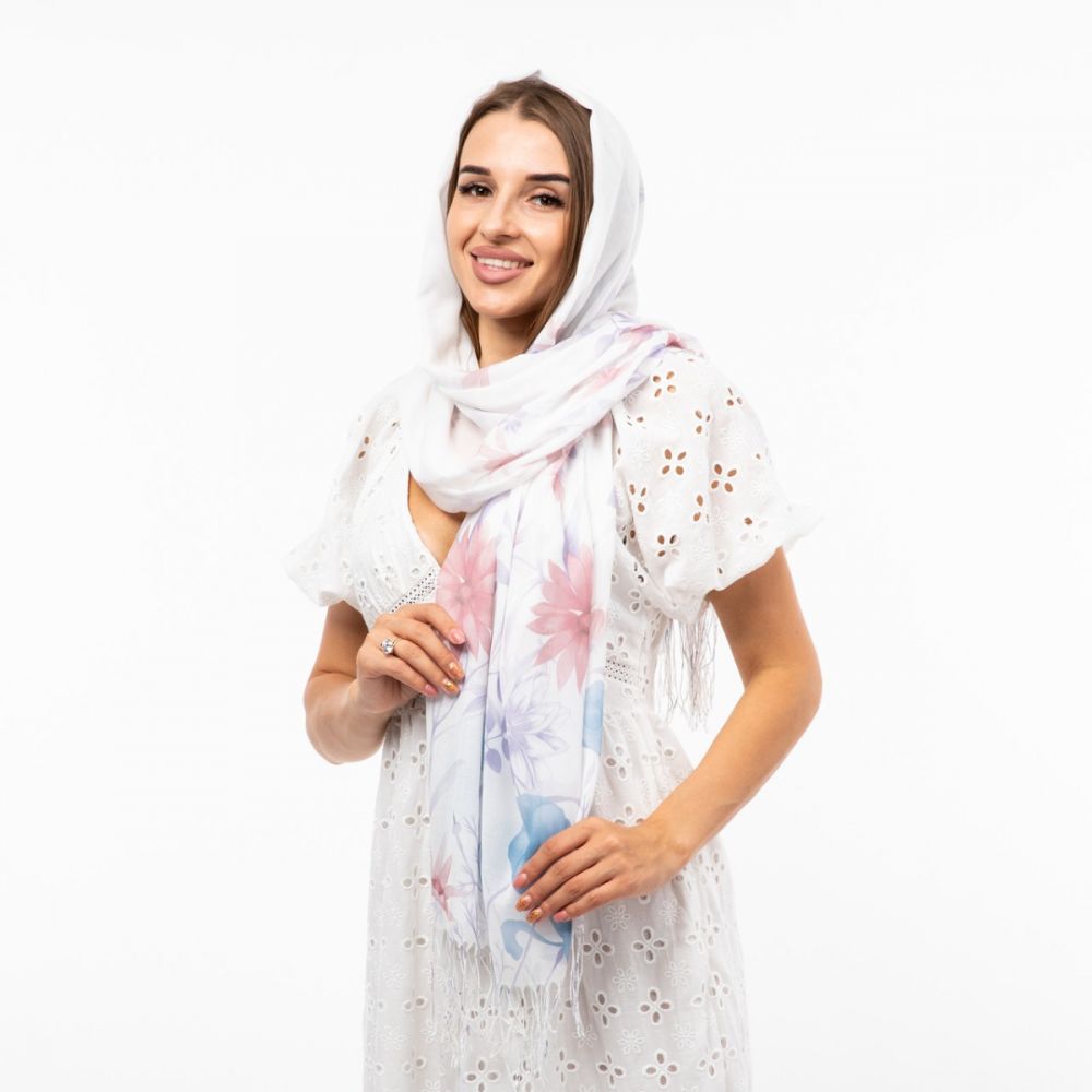 Шарф бавовняний з квітковим принтом 180х70см Білий