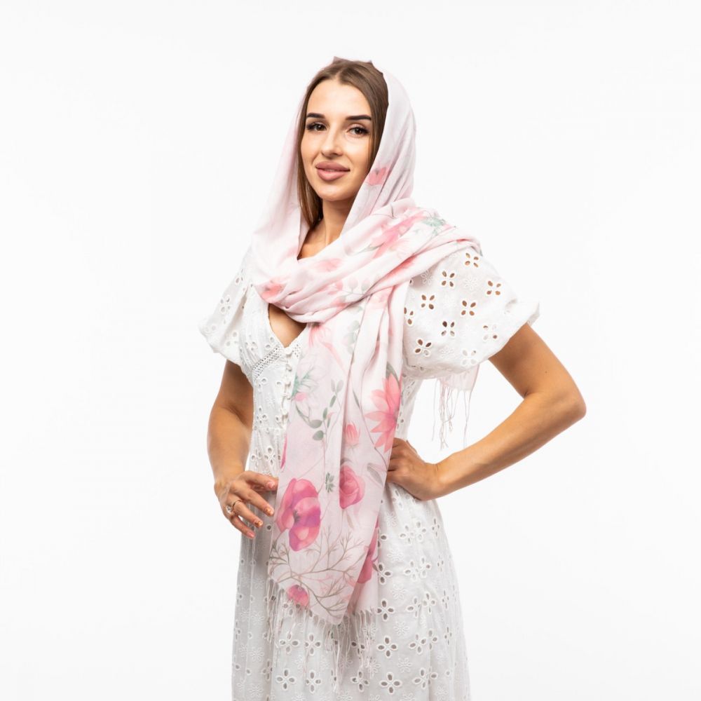 Шарф бавовняний з квітковим принтом 180х70см Рожевий