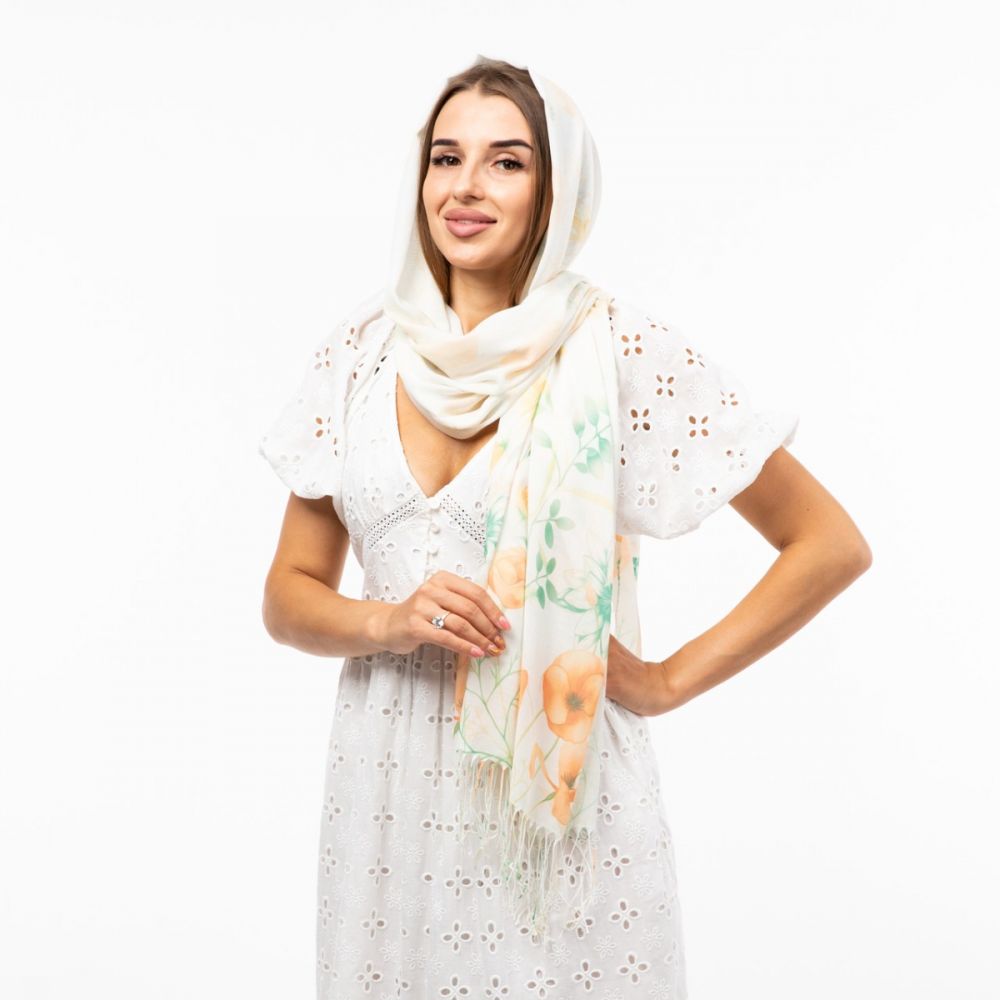 Шарф бавовняний з квітковим принтом 180х70см Молочний