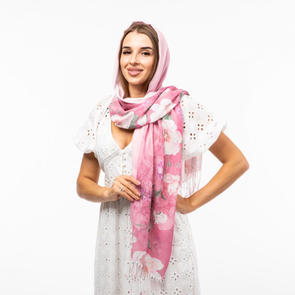 Шарф бавовняний з квітковим принтом 180х70см Рожевий