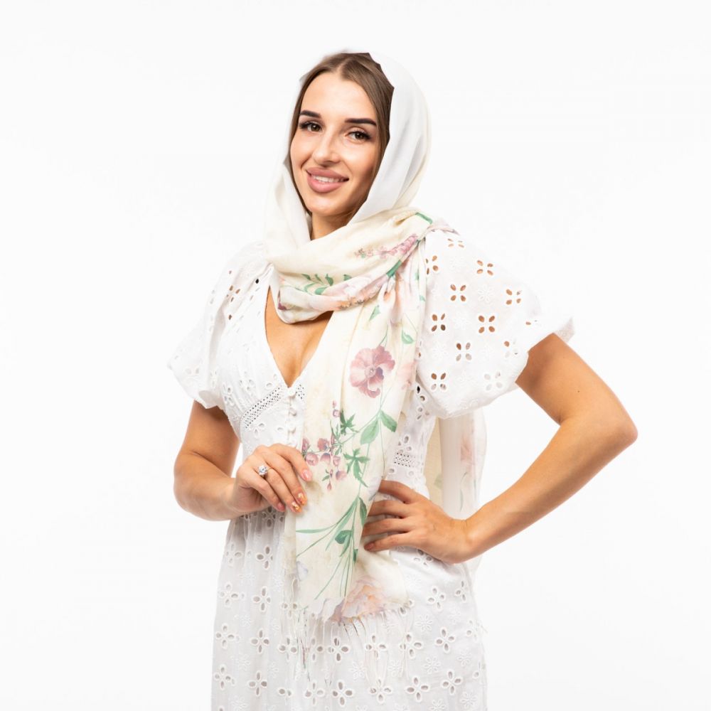 Шарф бавовняний з квітковим принтом 180х70см Лимонний