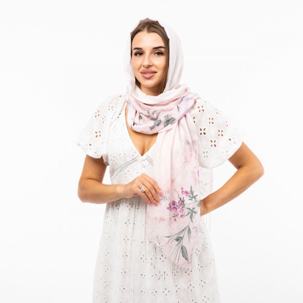 Шарф бавовняний з квітковим принтом 180х70см Блідо-рожевий