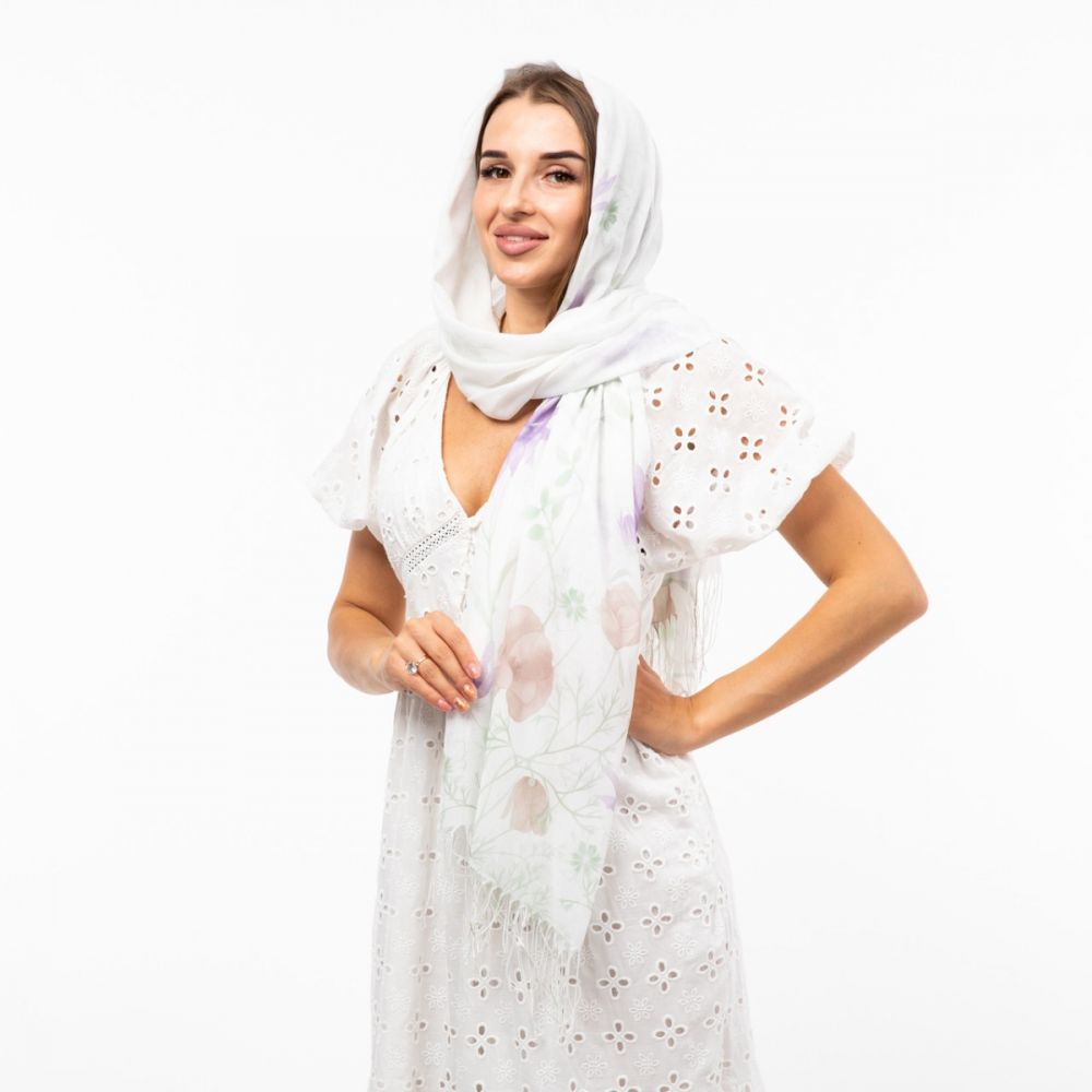 Шарф бавовняний з квітковим принтом 180х70см Білий