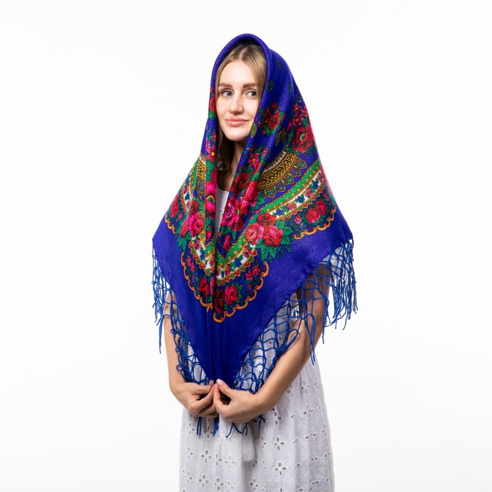 Українська хустка з люрексом 110х110см Синя